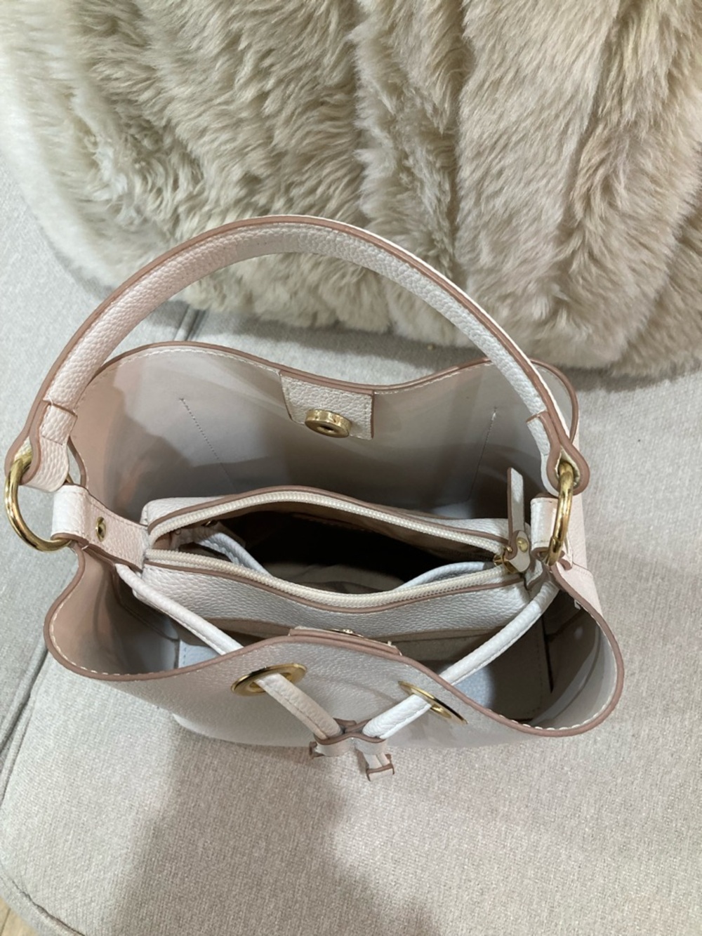 White Pebbled Leather Drawstring Bucket Bag - Picture 6 of 10